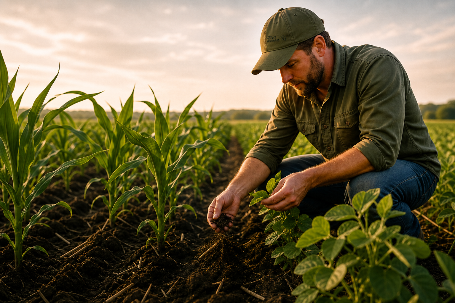 Grower inspecting healthy roots in a field with a Direct Biologicals logo on his hat