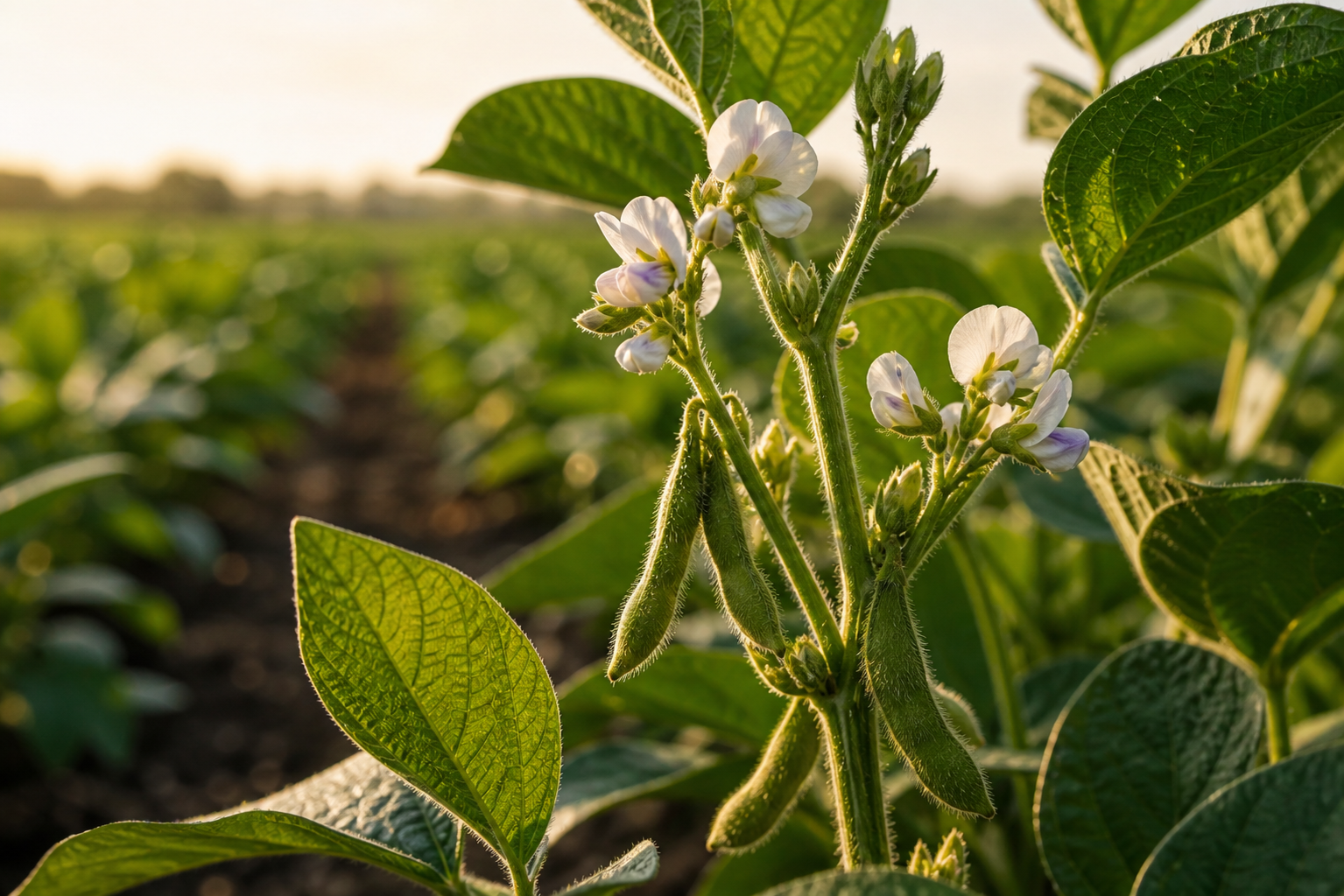 Soybean plant flowering in a sunlit field