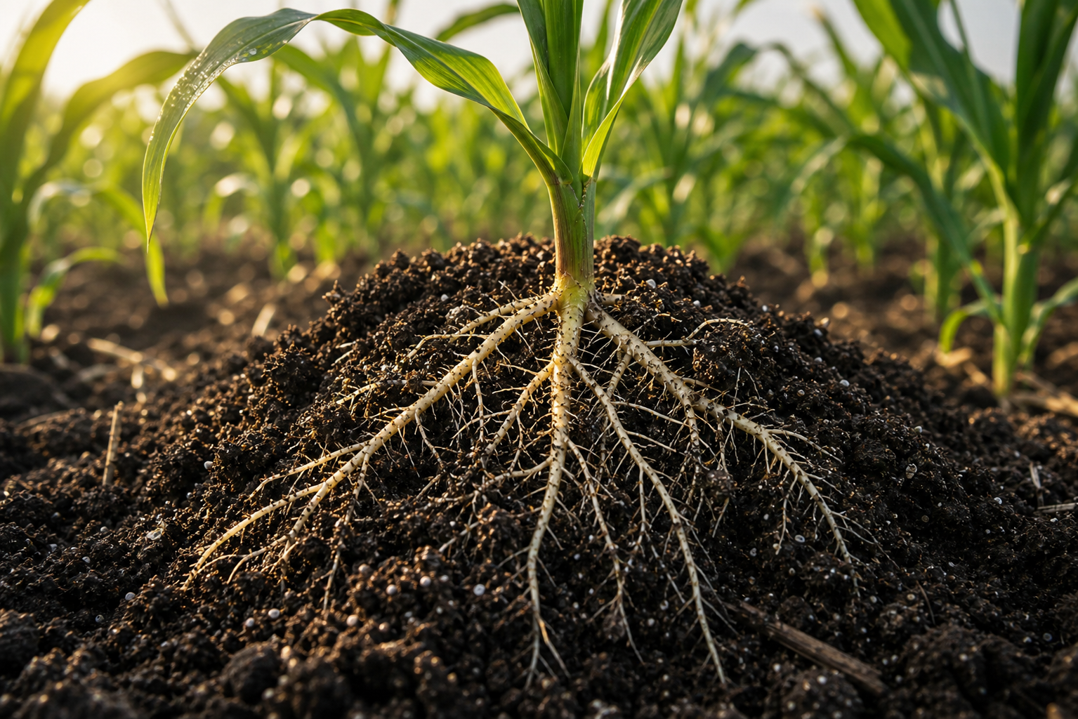 Young corn plant with visible roots in healthy soil